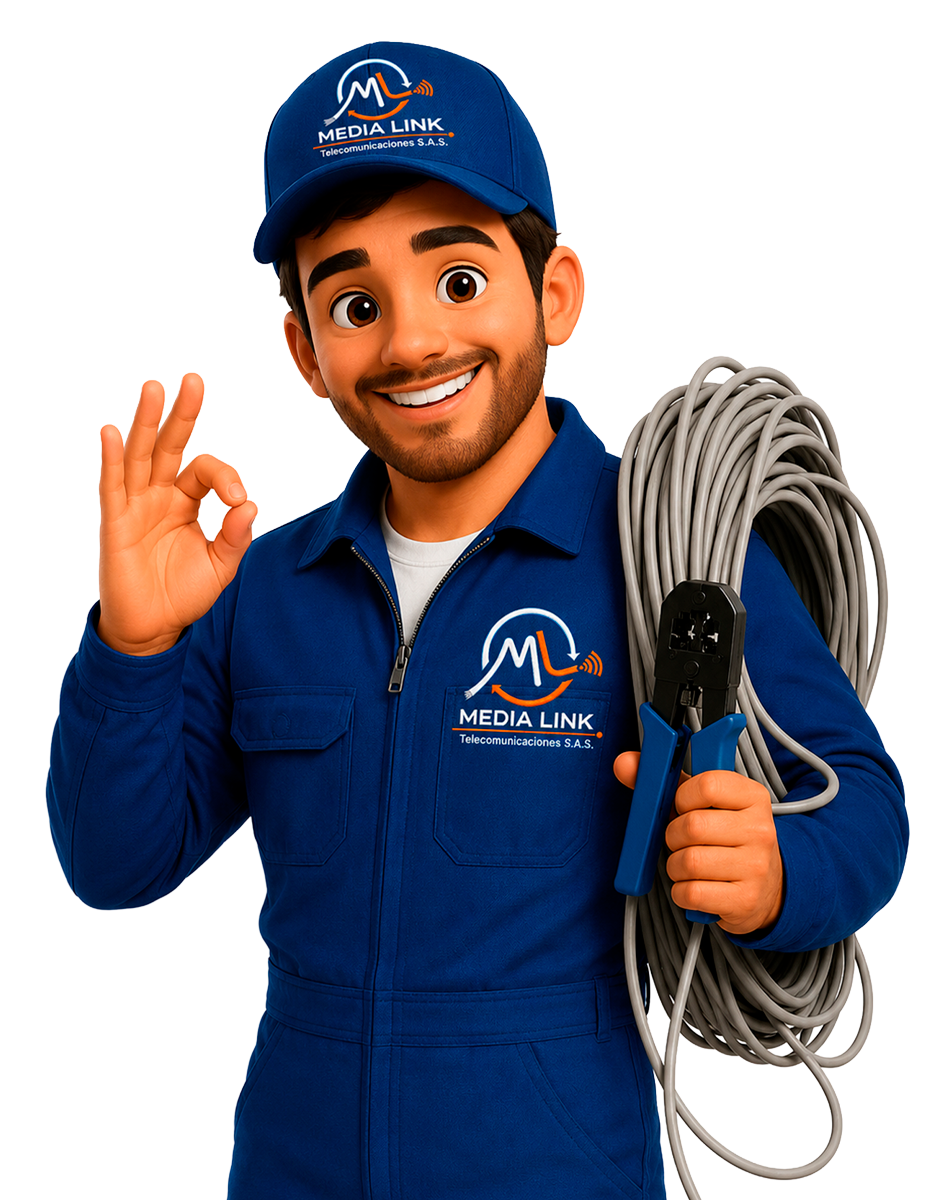 Técnico de Media Link con cable de fibra óptica